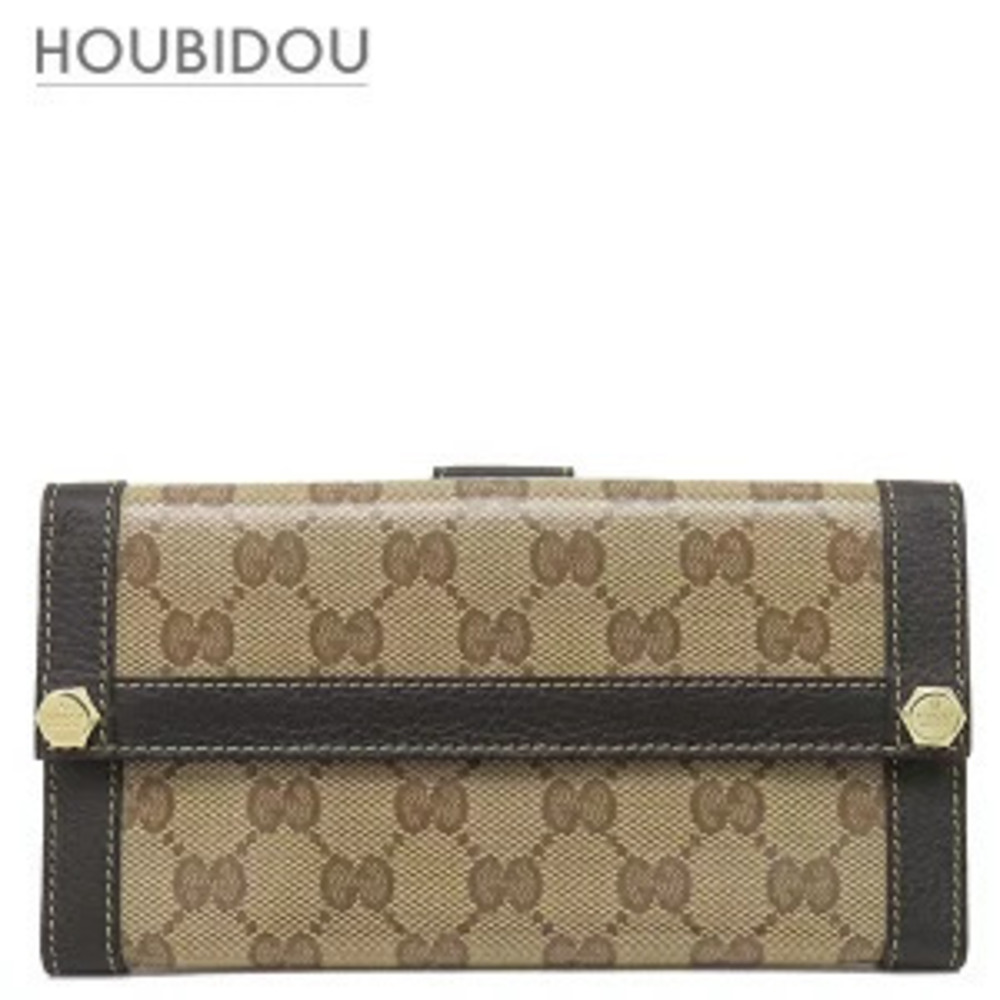 Gucci Long Wallet GG Crystal Double Snap Closure Canvas Beige Cream x Brown